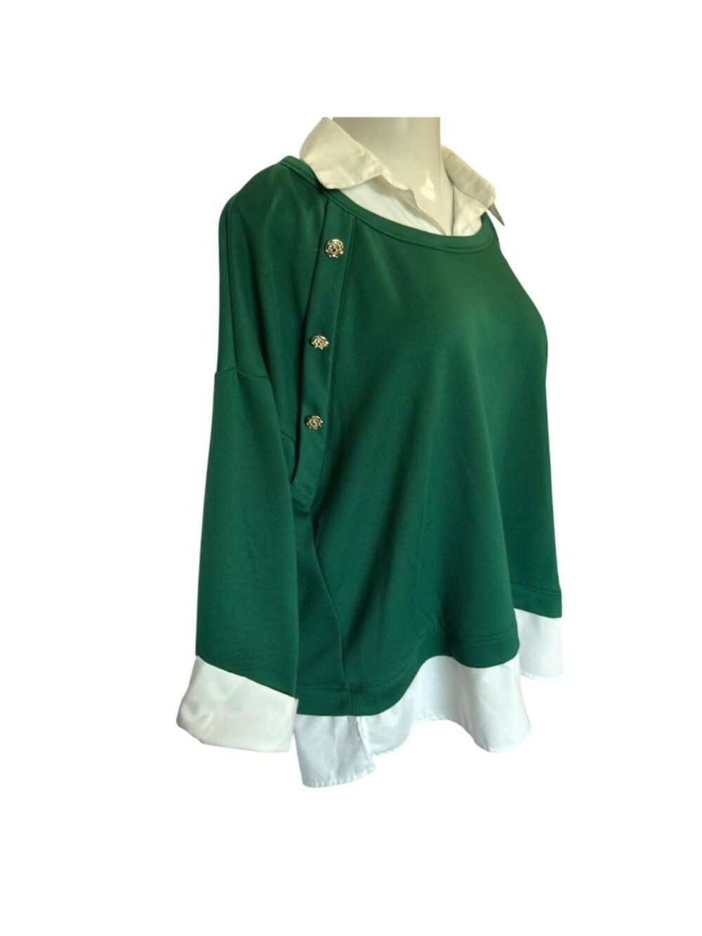 Vtg French Laundry Womens 1X Top Green Layered-Look Buttons White Collar 3/4 - Picture 3 of 15